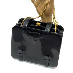 60s Black Patent Leather MOD Top Handle Bag | Rosenfeld LUXE Luxury